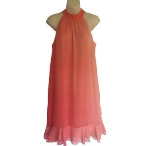 RW&CO. Coral Ombre Ruffle High Neck Trapeze Dress
